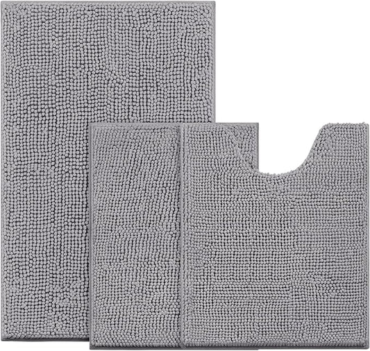 BYSURE Grey Bathroom Rugs Sets 3 Piece Non Slip Extra Absorbent Plush Chenille Soft Washable Bath Mats