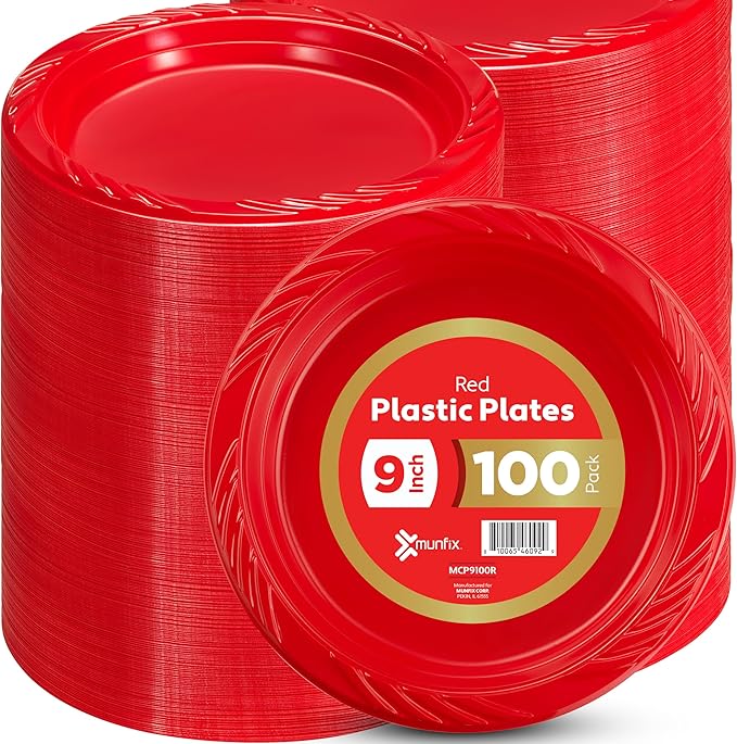 Munfix 100 Red Plastic Plates Set - 9 Inch Disposable Dinner Plates Bulk Pack, for Party, BBQ, Picnic, Parties, Travel and Events, Microwavable Recyclable