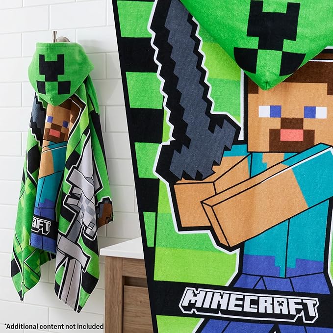 Minecraft Towelling Poncho Kids Teens Hooded Bath Towels Absorbent Beach Towel (Green/Black, 6-14 Years)