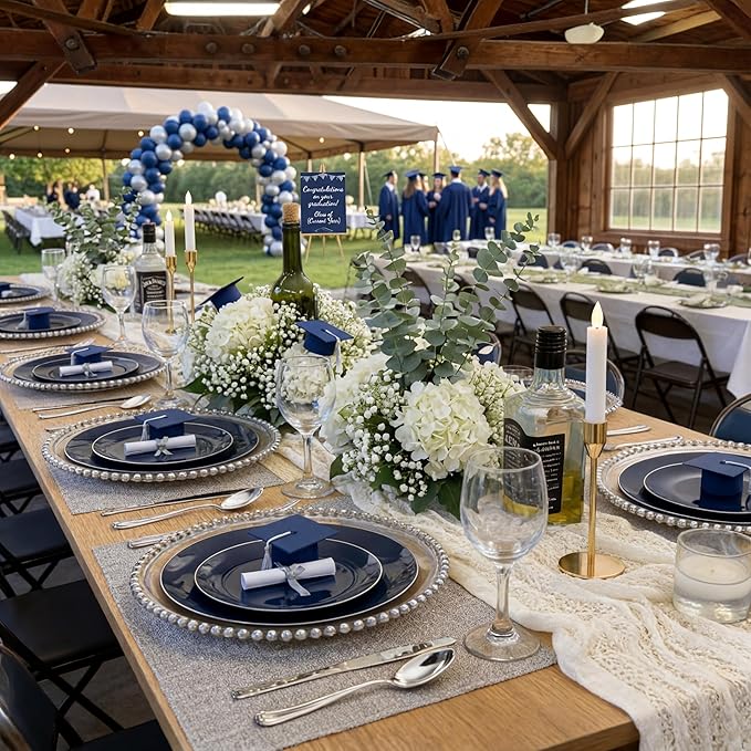 KIRE 200PCS Blue Plastic Plates with Silver Rim - Navy Blue Plastic Plates Include 100 Dinner & Dessert Plate - Heavy Duty Dark Blue Disposable Plate for Graduation/Parties/Memorial Day/Father's Day