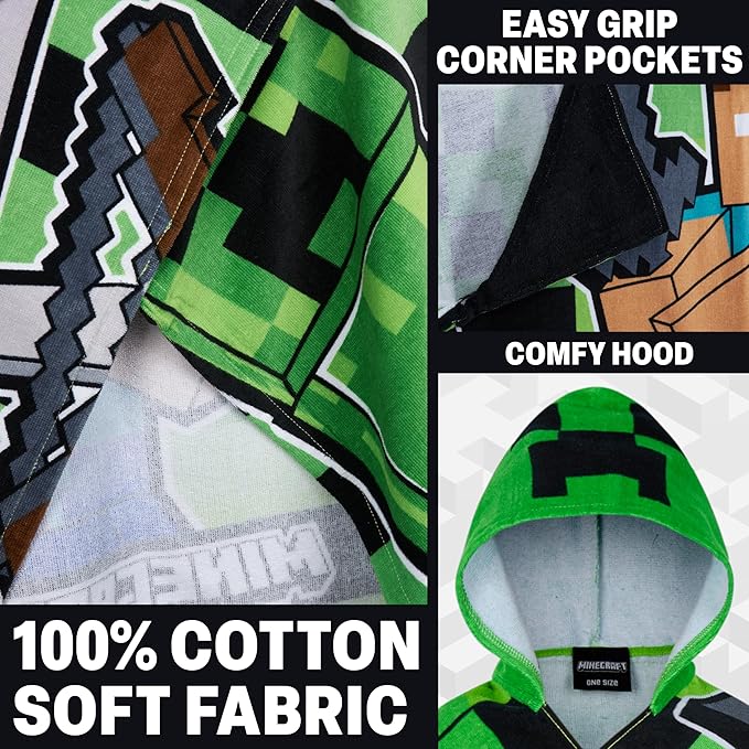Minecraft Towelling Poncho Kids Teens Hooded Bath Towels Absorbent Beach Towel (Green/Black, 6-14 Years)