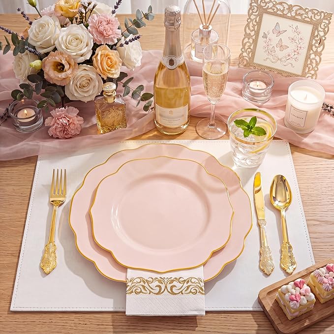 NOCCUR 175PCS Pink Plates with Gold Disposable Silverware - Include 50 Pink Plastic Plates,25 Knives,25 Forks,25 Spoons,25 Cups and 25 Napkins - Ideal for Party/Wedding/Banquet/Baby Shower