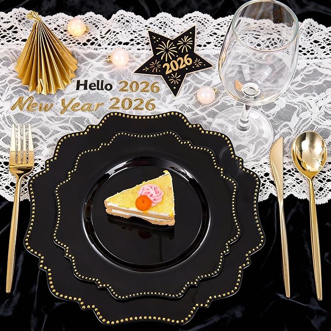 COLOSUS 60pcs Black and Gold Plastic Plates Set, Gold Black Party Plates, 30pcs Dinner Plates and 30pcs Salad/Dessert Plates for Wedding, Party, Anniversary, Daily Use