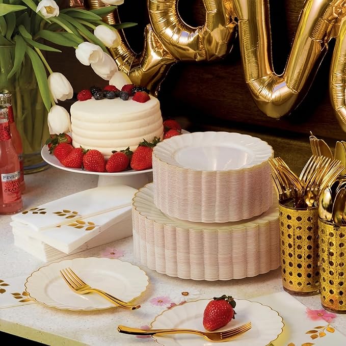 By Madee HEAVYWEIGHT Plastic Plates for Party | 60 Pc Ivory Scalloped Plates with Gold Trim | Fancy Disposable Plates for Weddings, Bridal Showers & Events | 30 Dinner & 30 Dessert