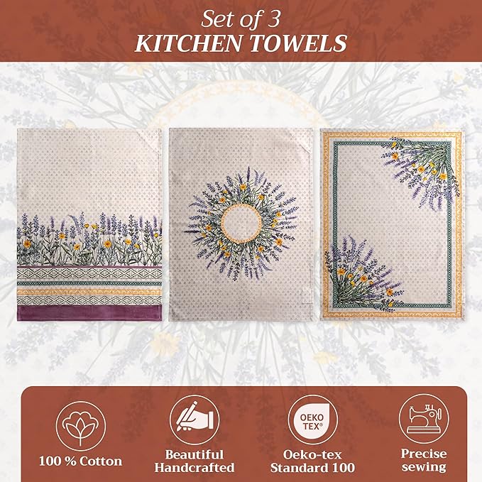 Maison d' Hermine Kitchen Towels Set of 3 100% Cotton 27.50" x 20" Reusable Cloth Tea Dish Towels Absorbent with Hanging Loop for Kitchen Farmhouse Hotel Spring Summer - Fanny Lavender