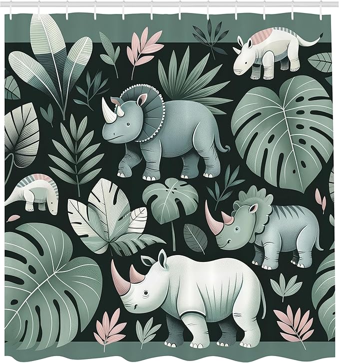 Ambesonne Woodland Shower Curtain, Funny Cartoon Design Exotic Jungle Monstera Leaves Horned Animals Print, Cloth Fabric Bathroom Decor Set with Hooks, 69" W x 84" L, Laurel Green Blush