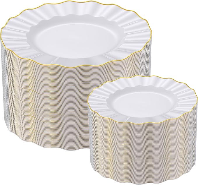 102Pcs White Plastic Plates, Heavy Duty Fancy Disposable Plate with Gold Rim, Party Plates include 51 Dinner & 51 Dessert Platos for Parties and Wedding(51 Guests)