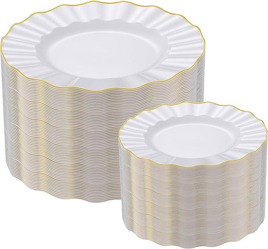 102Pcs White Plastic Plates, Heavy Duty Fancy Disposable Plate with Gold Rim, Party Plates include 51 Dinner & 51 Dessert Platos for Parties and Wedding(51 Guests)