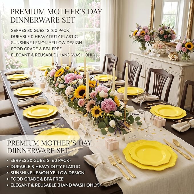 COLOSUS 60Pcs Lemon Yellow Plastic Plates, Mother's Plastic Plates.,Light Baby Yellow Party Plates, Heavy Duty 30 Dinner plate 10.5" and 30 Salad/Dessert Plate 8.25" for Wedding,Party