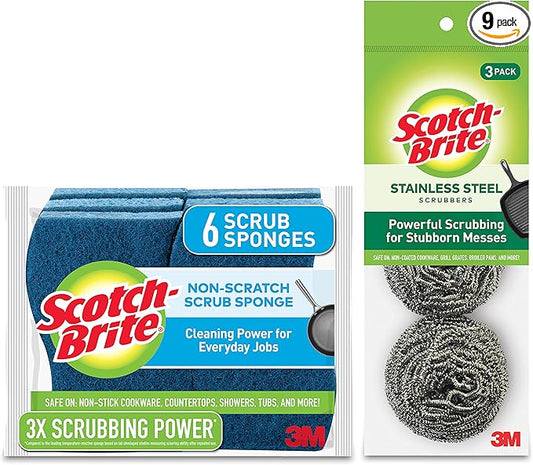 Scotch-Brite Non-Scratch Scrub Sponges, 6 Pack and Stainless Steel Scrubbers, 3 Pack