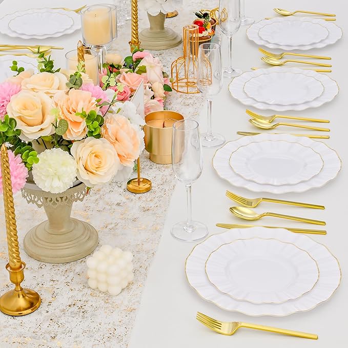 102Pcs White Plastic Plates, Heavy Duty Fancy Disposable Plate with Gold Rim, Party Plates include 51 Dinner & 51 Dessert Platos for Parties and Wedding(51 Guests)