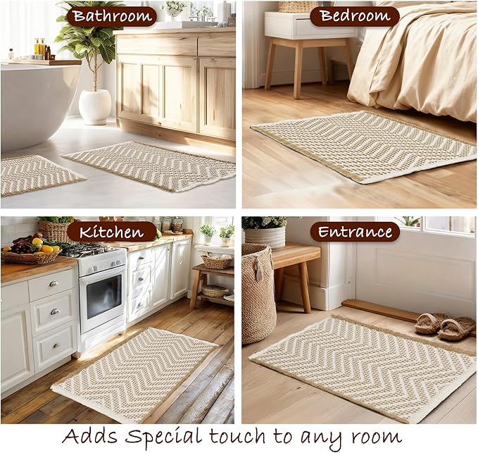 DWCN Waffle Bathroom Mat, Boho Bath Rugs Super Absorbent Non Slip Bath Mats for Bathroom Floor, Ultra Soft Farmhouse Shower Mats for Tub and Shower, 20 x 32 Inch, Brown & Beige
