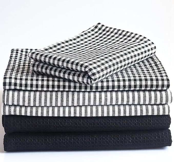 Cotton Dish Towels For Kitchen Drying - Highly Absorbent Black Striped Gingham Plaid Tea Towels - 18"X28" Set Of 6 Farmhouse Linen Dishtowels In Bulk - Pano De Prato Para Cozinha - T Towles Towls