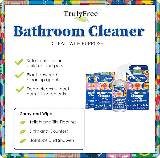 Truly Free All Natural Non-Toxic Bathroom Cleaner Spray Kit, Organic Bath & Tile Cleaning Solution for Toilet, Sink, Tub & Shower, 16 oz Reusable Empty Bottle + Two Fills, 3 oz ea.