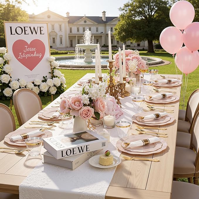 Liacere 350PCS Pink Plates Disposable-PinK Plates 50guest Baroque Plastic Dinnerware include 100Plates, 50Pack Pre Rolled Napkins with Silverware 50Cups Perfect for Wedding & Party