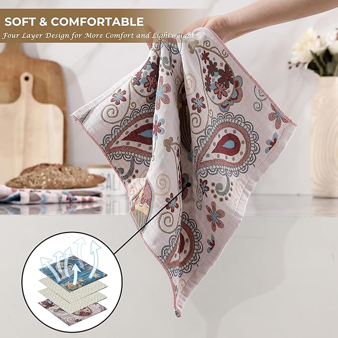 Kitchen Dish Towels for Drying 100% Cotton,Ultra Absorbent Quick Drying Thick Reusable Cleaning Decorative Tea Towels with Hanging Loop,Reversible Boho Pretty Hand Towels,4 Pack,Gift for Mom