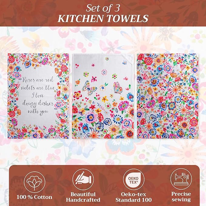 Maison d' Hermine Kitchen Towels Set of 3 100% Cotton 27.50" x 20" Reusable Cloth Tea Dish Towels Absorbent with Hanging Loop for Farmhouse Hotel Spring Summer - Happy Florals - High Summer