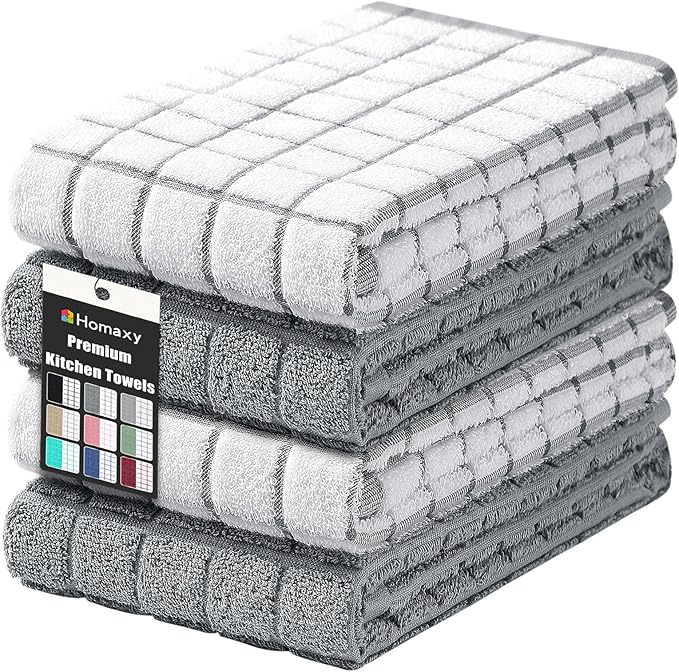 Homaxy Premium Cotton Kitchen Towels 16"x 28", Large Natural Ring Spun 390 GSM Dish Towels, Super Absorbent Terry Kitchen Hand Towels, Soft Tea Towels with Hanging Loop, Grey Check Design, 4 Pack