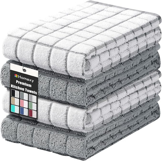 Homaxy Premium Cotton Kitchen Towels 16"x 28", Large Natural Ring Spun 390 GSM Dish Towels, Super Absorbent Terry Kitchen Hand Towels, Soft Tea Towels with Hanging Loop, Grey Check Design, 4 Pack