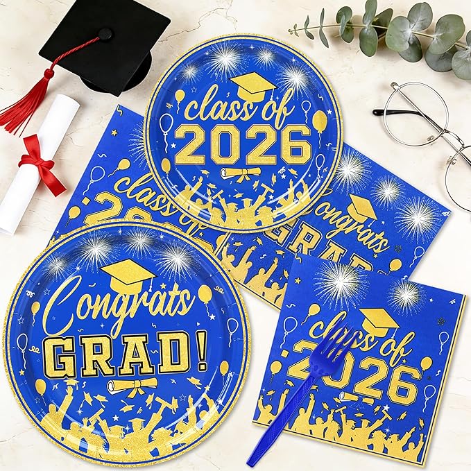 100 Pcs Graduation Plates and Napkins, 2026 Blue Gold Graduation Disposable Plates and Napkins Party Supplies Set Serves 25, Blue Gold Disposable Dinnerware Set for 2026 Decorations Grad Party