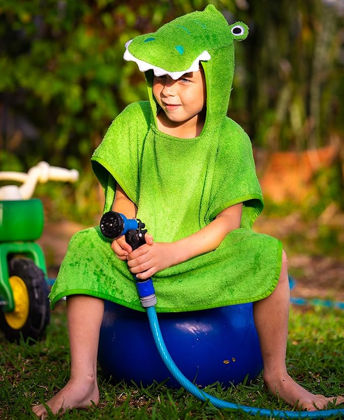 Hudz Kidz Premium Hooded Towel Poncho for Kids & Toddlers, Soft 100% Cotton, Ideal at Bath, Beach, Pool (Green Croc)