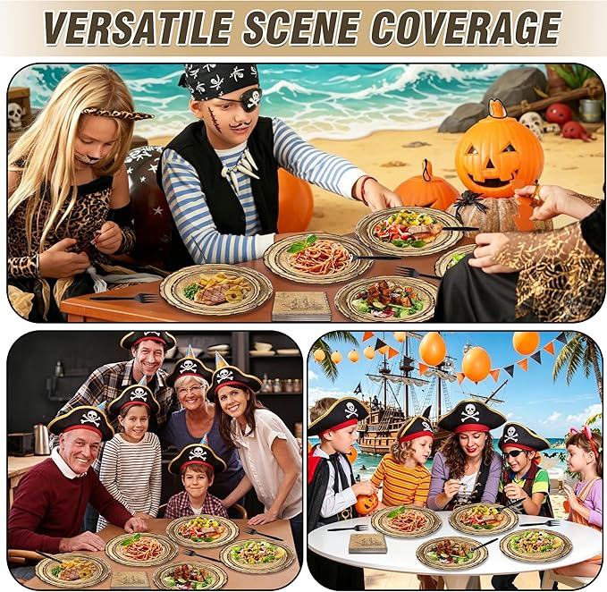 100 Pcs Pirate Party Supplies for 25 Guests, Heavy-Duty 7" & 9" Paper Plates, 2-Ply 13" Napkins & Plastic Forks, Disposable Tableware Set for Treasure Map Theme Party