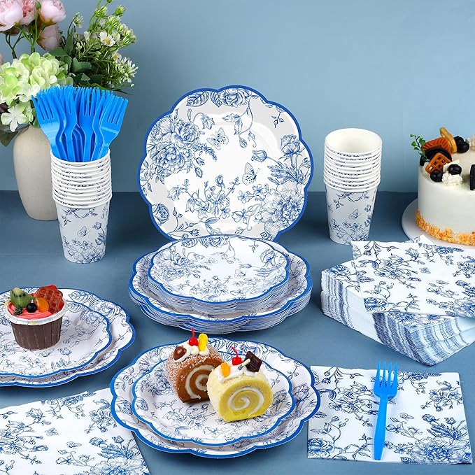 Kochorie 144 Pieces Blue Floral Paper Plates and Napkins Party Supplies, Blue and White Flower Tableware Set Include Vintage Scalloped Plates Napkins Cups Forks for Wedding Birthday Tea Party