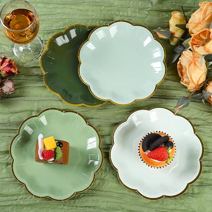 AimFun Sage Green Party Plates Gradient Green Dessert Paper Plates 7inch Gold Foil Scalloped Edge Disposable Cake Plates for Birthday Bridal Baby Shower Wedding Party Supplies (24)