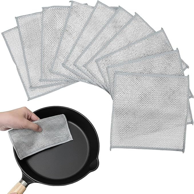 10PCS Steel Wool Dish Cloth 2-Layer – Reusable Metal Non-Scratch Multipurpose Dishwashing Rags for Wet & Dry Cleaning, Durable Diamond Weave Scrubber Pads for Kitchen Sinks Pots Pans Stove Top