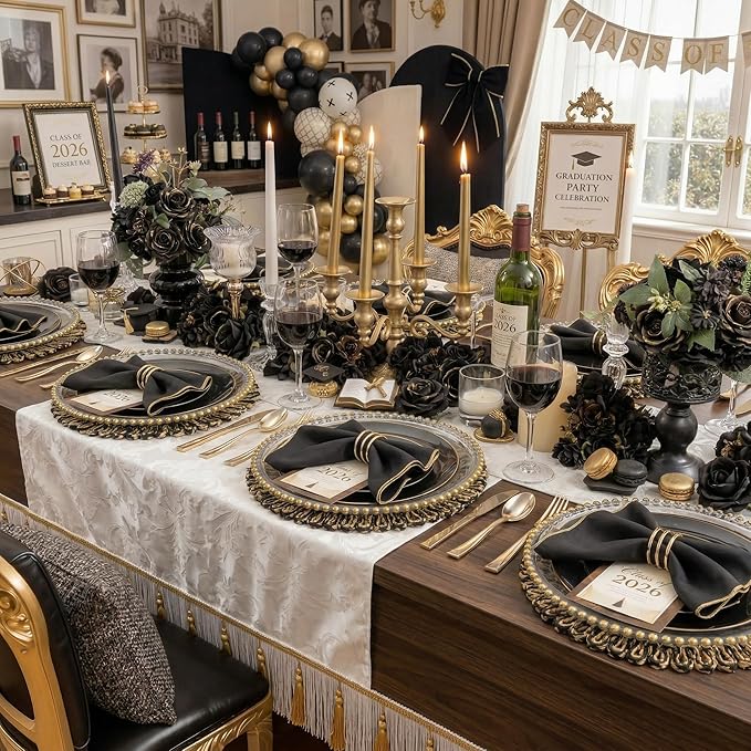 KIRE 60PCS Black Plastic Plates - Black Disposable Plates with Gold Rim - Include 30Pcs 10.25inch for Dinner and 30Pcs 7.5inch for Dessert for Wedding/Graduation/Party/Father's Day