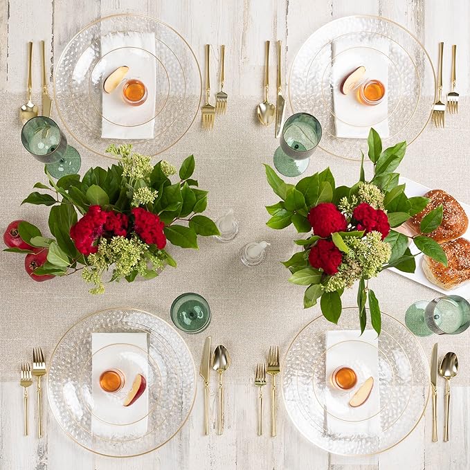 PLASTICPRO 30 Pack Hammered Plastic Plates Heavyweight Disposable Plastic Plates Elegant Clear Hammered Rim Platsic Party Dishes (Hamered Clear With Gold Rim, 10'' INCH PLATES)