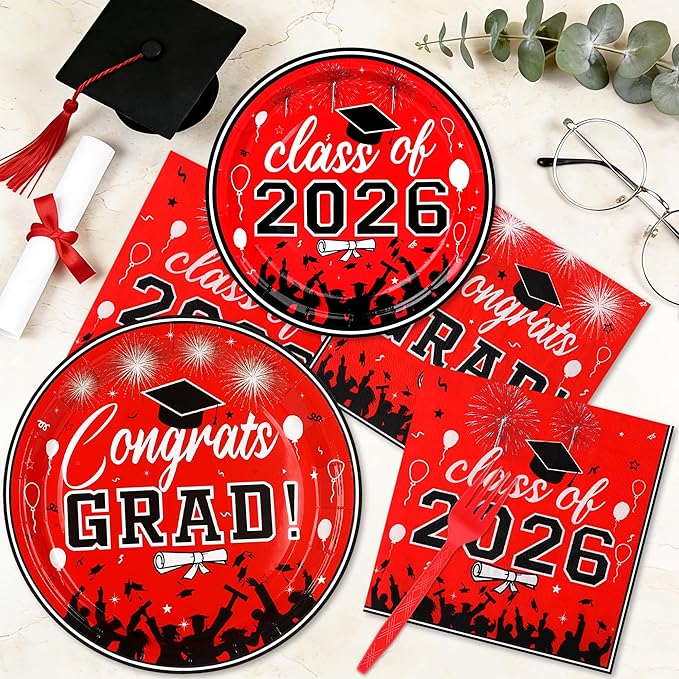 100 Pcs Graduation Plates and Napkins, 2026 Red Black Graduation Disposable Plates and Napkins Party Supplies Set Serves 25, Red Black Disposable Dinnerware Set for 2026 Decorations Grad Party