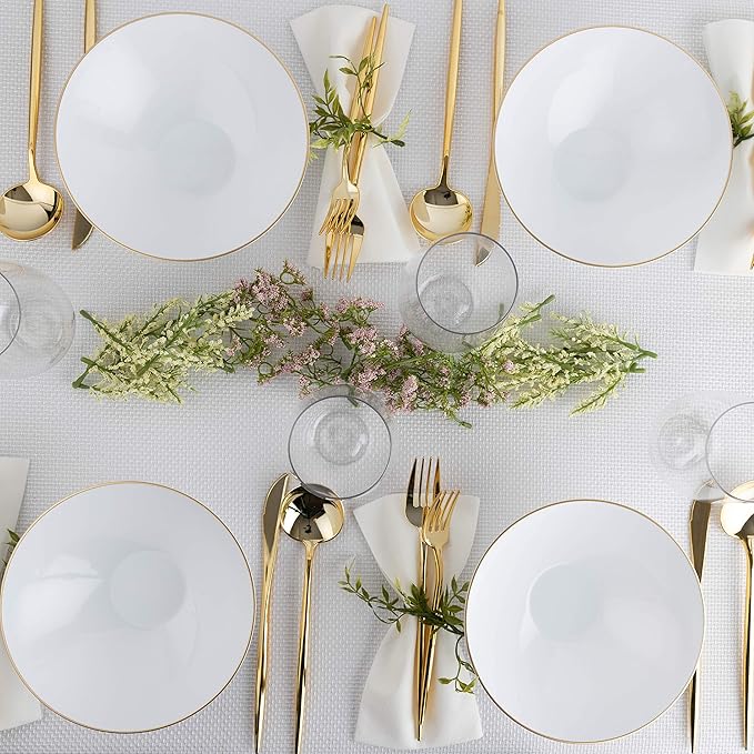 [16 OZ 10 Count] White Plastic Floral Design Party Soup bowls With Gold Rim Premium heavyweight Elegant Disposable Tableware Dishes