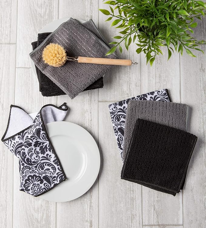 DII Cleaning Collection Multi-Purpose Microfiber, Black Damask, Dishcloth Set