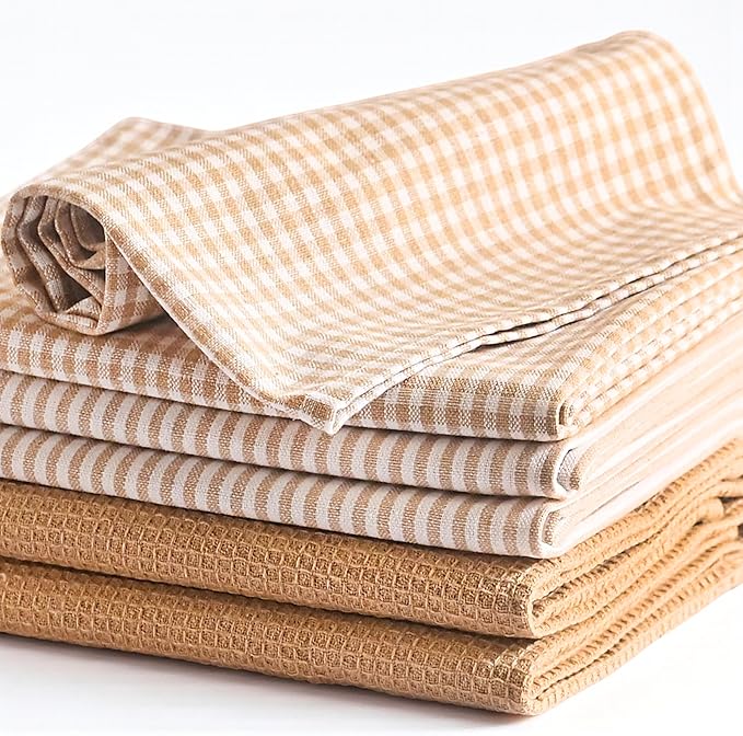 Cotton Dish Towels For Kitchen Drying - Highly Absorbent Beige Striped Gingham Plaid Tea Towels - 18"X28" Set Of 6 Farmhouse Linen Dishtowels In Bulk - Pano De Prato Para Cozinha - T Towles Towls