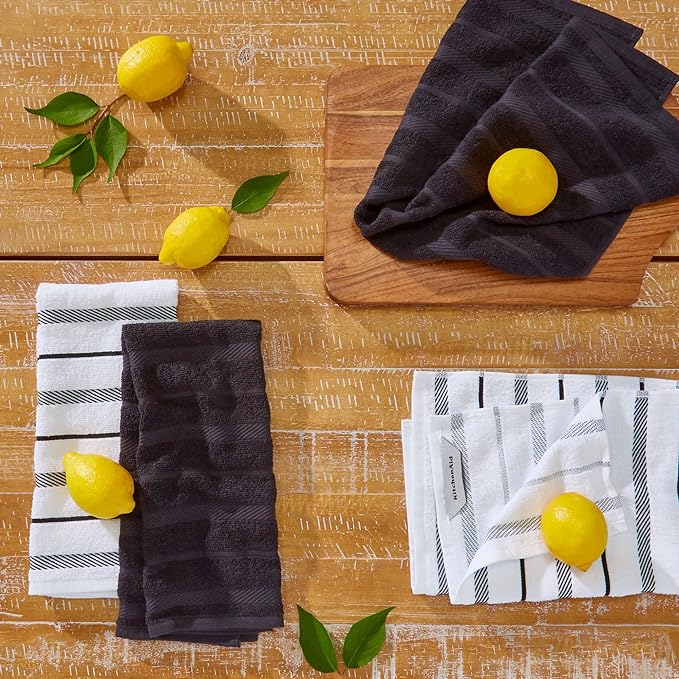 KitchenAid Albany Kitchen Towel 4-Pack Set, Matte Black/White, 16"x26"