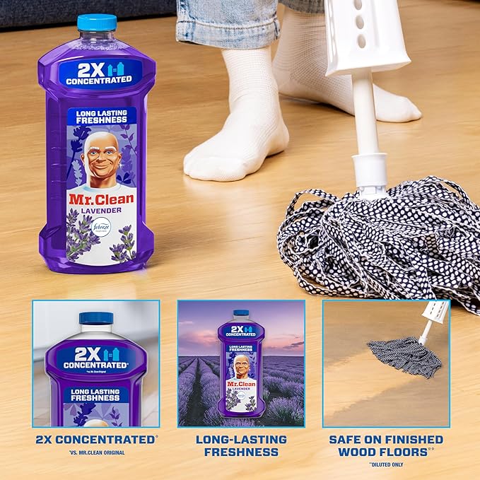 Mr. Clean All Purpose Cleaner, Floor Cleaner for Mopping Home, Bathroom, & Kitchen, Cleaning Liquid for Mop & Bucket, Cleaning Supplies, Multi-Surface Dilutable, Lavender, 41oz, Pack of 4