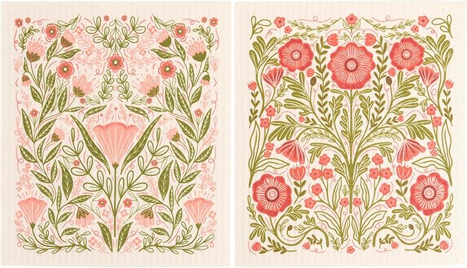 Primitives By Kathy Botanical Swedish Folk Art Dishcloth Set, Pink and Red Floral Pattern, 6.75 x 7.50 inches, 2-Pack