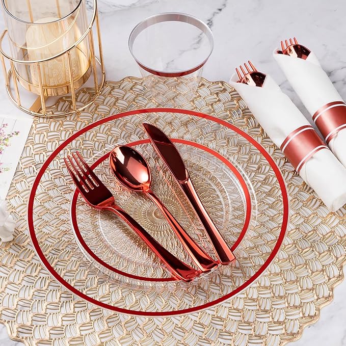 Goodluck 350 Piece Red Plastic Dinnerware Set for Party, Clear Disposable Plates for 50 Guests, Includes 100 Plates, 50 Pre Rolled Napkins with Cutlery Set, 50 Cups for Graduation, Wedding, Christmas