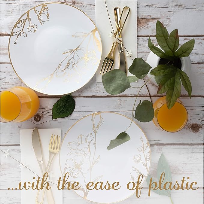 [9'' Plates 10 Count] White Plastic Floral Design Party Dinner Plates With Gold Rim Premium heavyweight Elegant Disposable Tableware Dishes