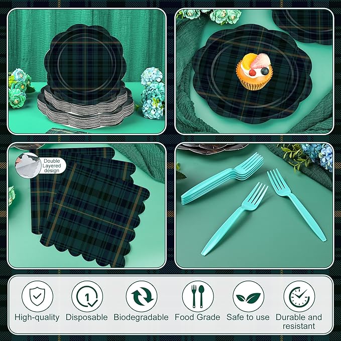 96 Pcs Tartan Plaid Baby Shower Plates and Napkins Set, Blue Green Baby Shower Party Supplies for 24 Guests include Disposable Green Tartan Scalloped Plates, Napkins and Forks for Baby Shower Wedding