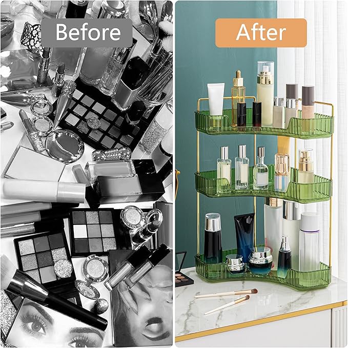 Corner Bathroom Counter Organizer Bathroom Countertop Shelf Makeup Organizer for Vanity Perfume Tray for Corner Storage (3 Tiers, Green)