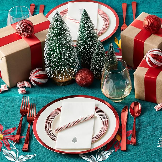 By Madee HEAVYWEIGHT 175 Pc Ivory with Red Trim Plastic Disposable Dinnerware Set with Silverware & Linen-Like Premium Napkins (25 Guests)