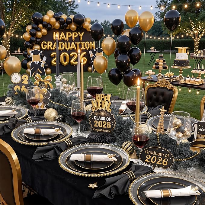 KIRE 60PCS Black Plastic Plates - Black Disposable Plates with Gold Rim - Include 30Pcs 10.25inch for Dinner and 30Pcs 7.5inch for Dessert for Wedding/Graduation/Party/Father's Day
