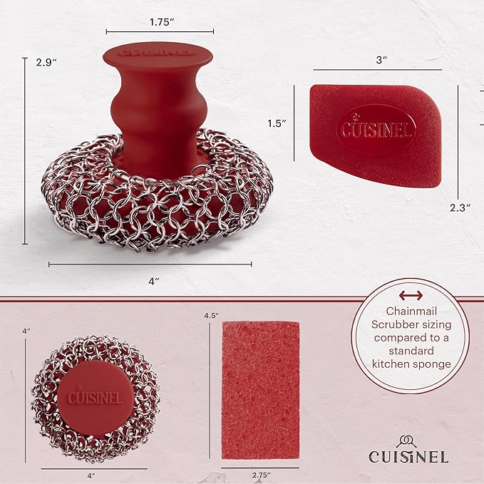 Cuisinel Cast Iron Chainmail Scrubber + Pan Scraper - Deluxe Ergonomic Stainless/Silicone Pot and Skillet Cleaner - Food-Safe Design - Easy to Clean Dishwasher Safe Cookware - Kitchen Sponge Accessory