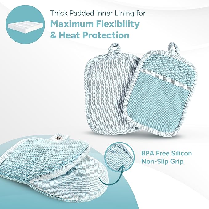 Casa Platino Silicone Oven Mitts & Pot Holders, 4-Piece – Oven Mitt for Baking & BBQ, Pot Holder for Kitchen, Hot Dishes & Microwave – Heat Resistant Up to 500°F, Non-Slip & Machine Washable – Aqua