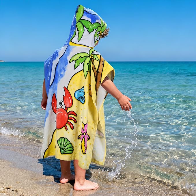 Tirrinia Kids Hooded Beach Towel, Toddler Hooded Bath Towel & Poncho Towel Super Absorbent, Wearable Swim Towel for Kids 3-6 Years Boys Girls at Bath Pool Beach, Birthday Gifts, Crab