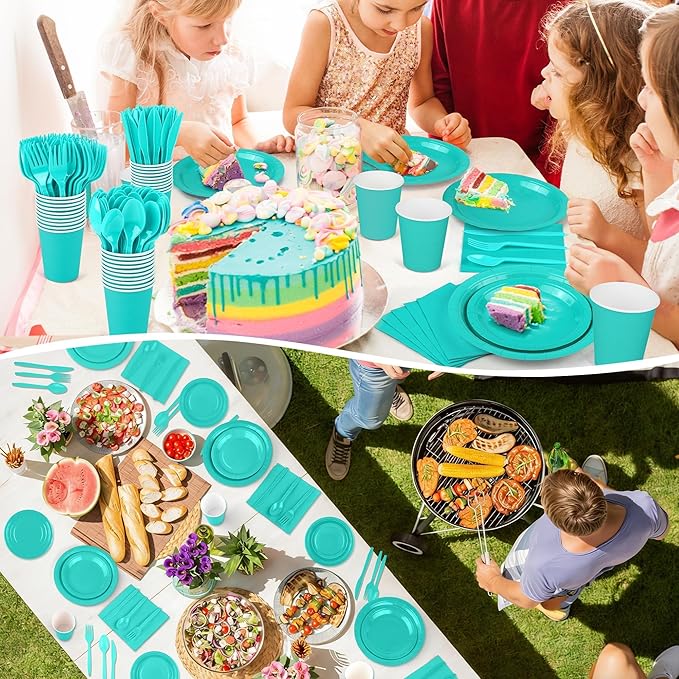 Kochorie 350 Pieces Teal Blue Dinnerware Set, 7 & 9 inch Dessert Paper Plates Cups Napkins Plastic Cutlery Disposable Party Supplies for Birthday Baby Shower Wedding, Serve 50 Guests