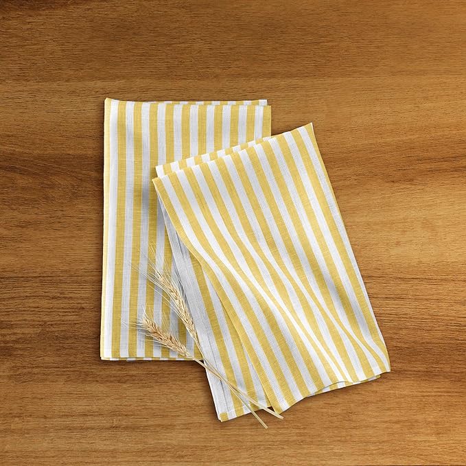 Solino Home Primrose Yellow and White Linen Kitchen Towels Set of 2-100% Pure Linen Amalfi Stripe 17 x 26 Inch Tea Towels with Hanging Loop - European Flax Kitchen Dish Cloth - Machine Washable