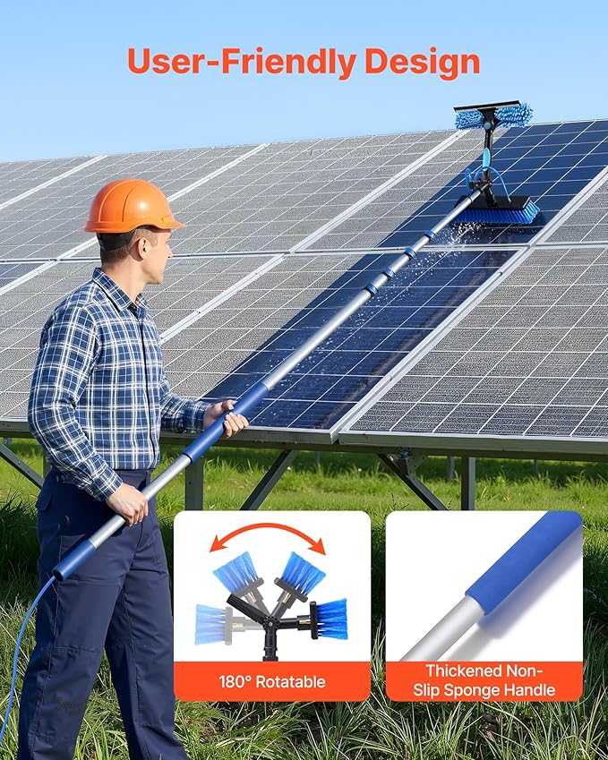 VEVOR Solar Panel Cleaning Kit, 26 ft, Water Fed Pole Kit with Cleaning Brush, Soap Dispenser, Extendable Aluminum Telescopic Pole, 180° Rotatable Brush Head, for Roof Mounted Solar Panels, Windows